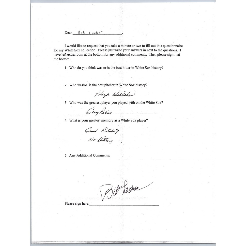 Bob Locker Autographed Questionnaire White Sox Pitcher Signed Answers